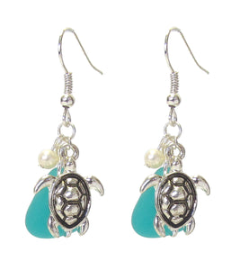 Sea Glass Earrings with Pearl & Turtle