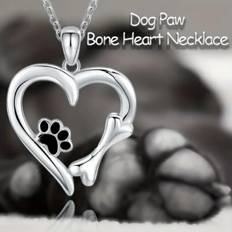 Black Dog Paw, Bone & Heart Necklace