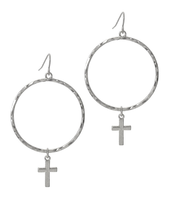 Metal Hoop Cross Earrings