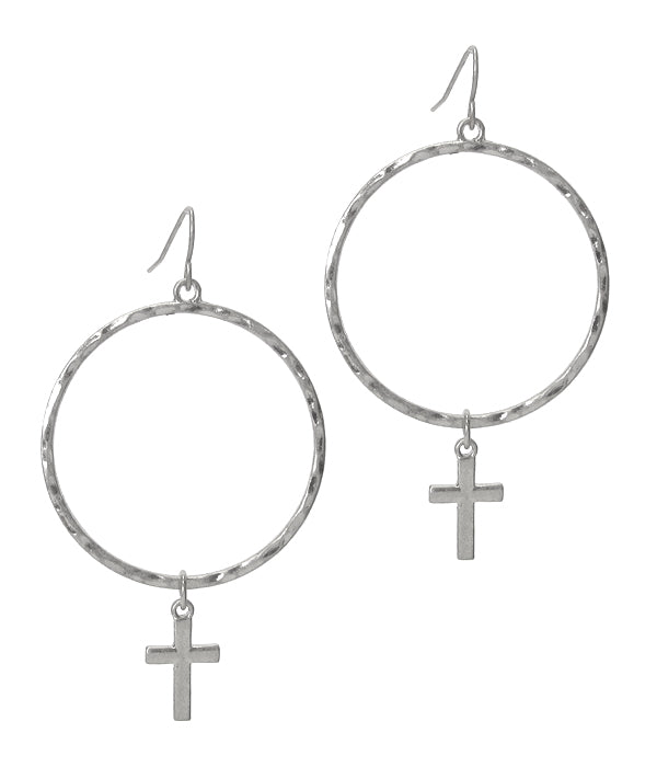 Metal Hoop Cross Earrings