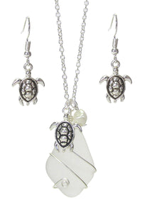 White Sea Glass Turtle Jewelry Set