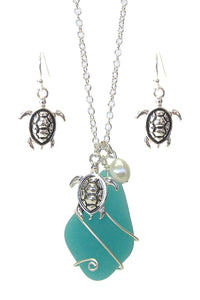 Turtle & Green Sea Glass Jewelry Set